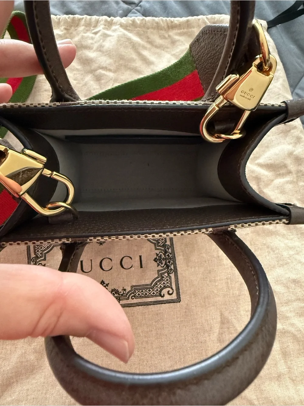 Gucci Brown/Beige GG Mini Tote with Green-Red Web Strap - Picture 4 of 11